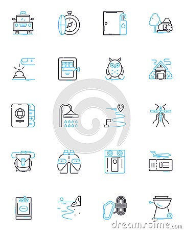 Adventure trips linear icons set. Expedition, Safari, Trekking, Exploration, Rafting, Climbing, Hiking line vector and Vector Illustration