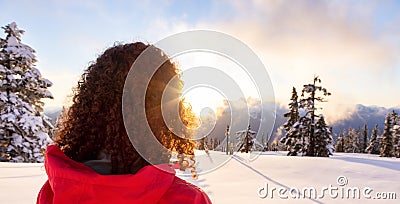 Adventure Woman Hiking on top of Canadian Mountains Stock Photo