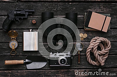 Adventurer accessories. Traveler equipment. Explorer table. Stock Photo