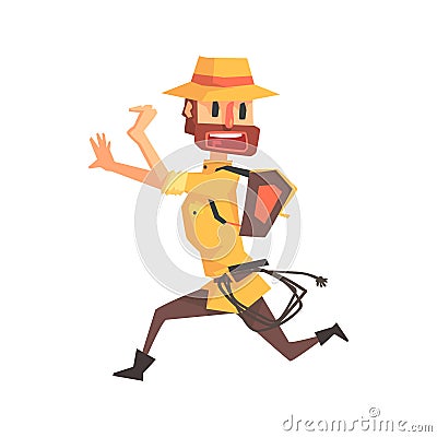 Adventurer Archeologist In Safari Outfit And Hat Running Away Illustration From Funny Archeology Scientist Series Vector Illustration