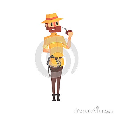 Adventurer Archeologist In Safari Outfit And Hat Smoking Pipe Illustration From Funny Archeology Scientist Series Vector Illustration