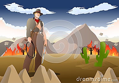 Adventurer cowboy hold whip in burning prairie Vector Illustration