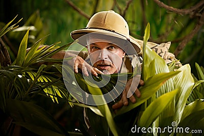 Adventurer peeking through plants Stock Photo