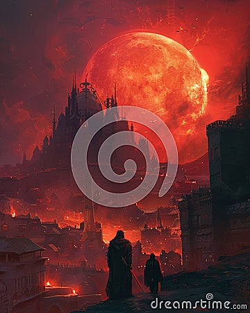 Adventurers delve into Red Moon Citys enigma Cartoon Illustration