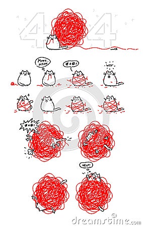 Adventures of the cat, a set for animation. Mistake 404. Cat and coil of wool. The kitty is playing. Vector objects isolated on Vector Illustration