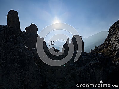 the adventures of a dynamic, enthusiastic, energetic and boisterous person in the mountains Stock Photo