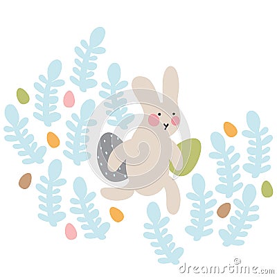Adventures of Easter bunnies, who are looking for and hiding holiday eggs. Stock Photo