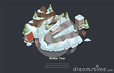 Adventures, Hiking, Family Traveling And Winter Vacations. Camper Van In The Forest Riding By Road In Small City Vector Illustration