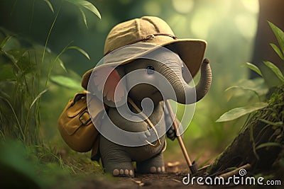 Adventures of the Jungle Explorer: Little Elephant with a Tropical Hat Stock Photo