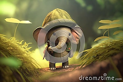 Adventures of the Jungle Explorer: Little Elephant with a Tropical Hat Stock Photo