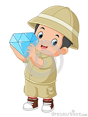 an adventurous boy is delighted to find a large diamond Vector Illustration