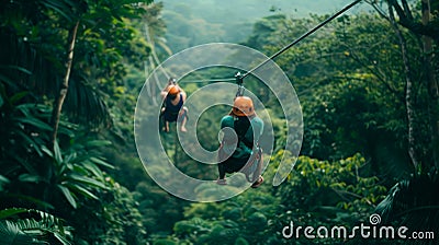 Adventurous couple zip-lining through lush forest canopies on a nature excursion during their summer vacation Stock Photo