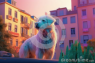 Adventurous dog in city. Cityscape, sunset, pastel colors. Generative AI Stock Photo