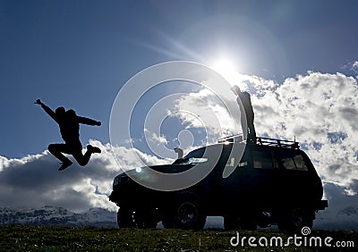 adventurous friends in high mountains Stock Photo