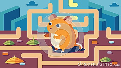 An adventurous hamster skillfully navigates through a mini maze automatically generated by the app collecting treats as Vector Illustration