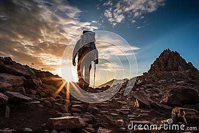 adventurous hiker embraces euphoria, standing triumphantly atop majestic mountain peak Stock Photo