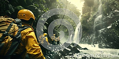 Adventurous Hikers Exploring a Waterfall in a Dense Forest. Generative ai Cartoon Illustration