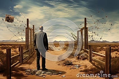 Adventurous Man cross metal border. Generate Ai Stock Photo