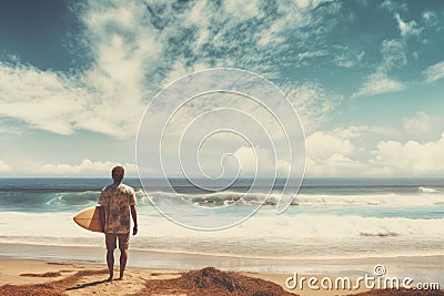 Adventurous Man surfboard beach. Generate Ai Stock Photo