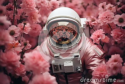 Adventurous Pink flowers astronaut. Generate Ai Stock Photo