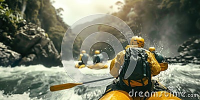 Adventurous Rafters Navigating a River in a Forest. Generative ai Cartoon Illustration