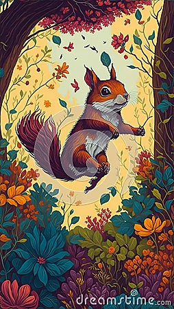 adventurous squirrel, leaping from one tree branch another cozy forest, colorful flowers, AI Generative Stock Photo