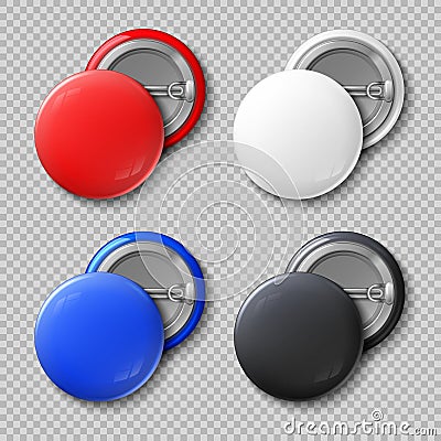 Advertise blank color round metal buttons or badges vector set Vector Illustration