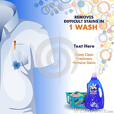 Advertisement banner of stain and dirt remover liquid laundry detergent for clean and fresh cloth Vector Illustration