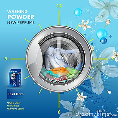 Advertisement banner of stain and dirt remover powder laundry detergent for clean and fresh cloth Vector Illustration