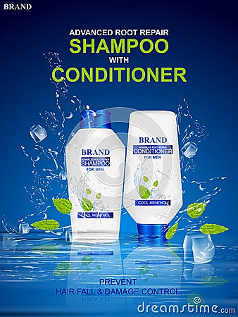 Advertisement promotion banner for Menthol Shampoo for dry and damaged hair Vector Illustration