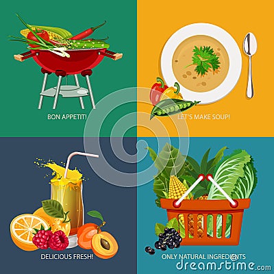 Advertisement set of concept banners with vegetable and fruits icons for vegetarian restaurant home cooking menu Vector Illustration