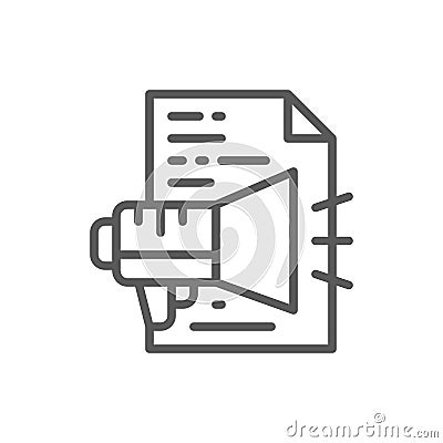 Advertisement text, announcement, document with loudspeaker line icon. Vector Illustration