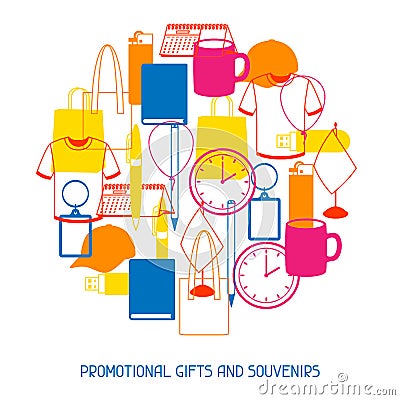 Advertising background with promotional gifts and souvenirs Vector Illustration