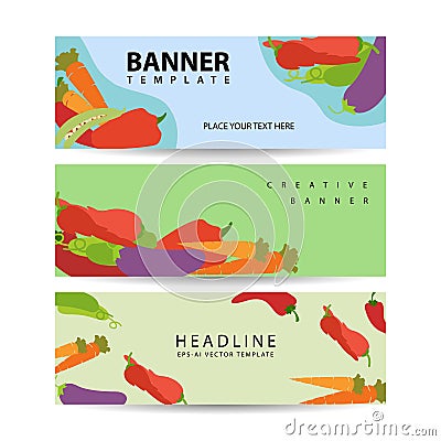 Advertising banner with fresh Vegetables, healthy food illustration, outlined hand drawn graphic Vector Illustration