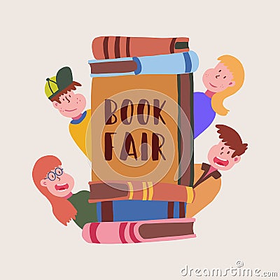 Advertising banner inscription book fair, cartoon. Vector Illustration