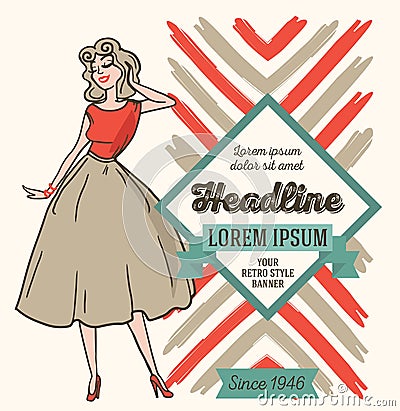 Advertising banner in retro american style, 1950s styled woman Vector Illustration