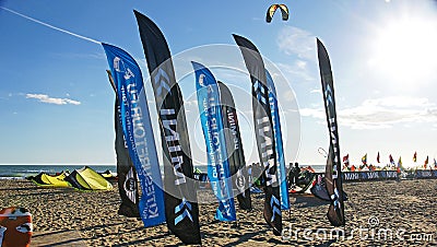 Advertising banners on the beach of Castelldefels Editorial Stock Photo