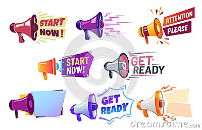 Advertising banners with megaphone. Get ready badge speaker, attention please and start now banner vector set Vector Illustration
