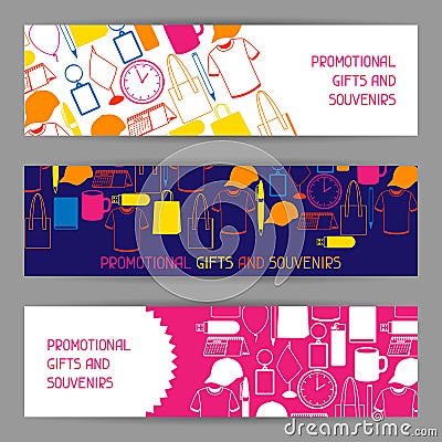 Advertising banners with promotional gifts and souvenirs Vector Illustration