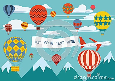 Advertising banners pulled by a plane with hot air balloons flying around Vector Illustration