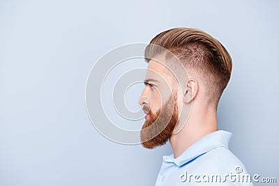 Advertising barbershop concept. Profile side portrait of confide Stock Photo