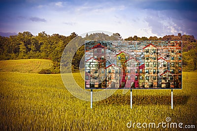 Advertising billboard, immersed in nature, informs the construction of a new residential area.The image on the billboard is my Stock Photo