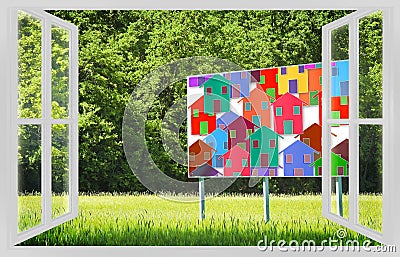 Advertising billboard informs the construction of a new residential area view from the window - concept image Stock Photo