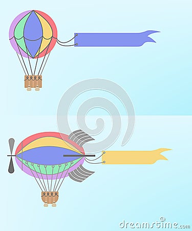 Advertising blimp airship set Vector cartoon style background Vector Illustration