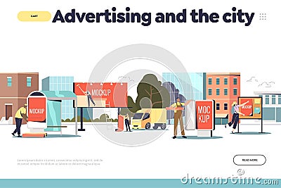 Advertising in city concept of landing page with process of outdoor advertisement installation Vector Illustration