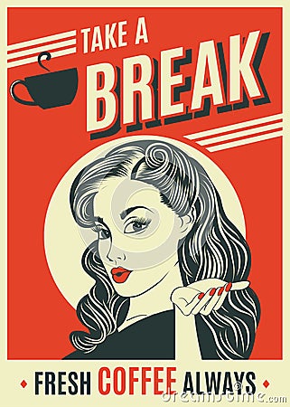 Advertising coffee retro poster with pop art woman Vector Illustration