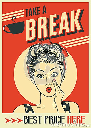 Advertising coffee retro poster with pop art woman Vector Illustration