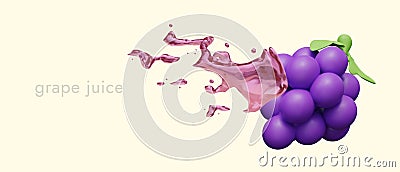 Advertising concept of grape juice. 3D bunch of violet berries, splashes of colored liquid Vector Illustration