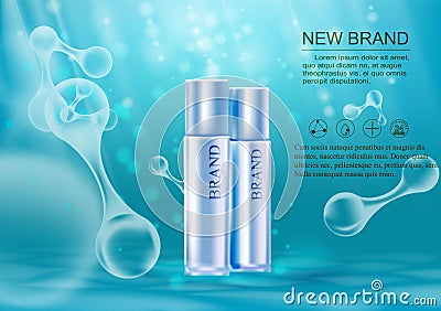 Advertising cosmetic skin care product template, with Bokeh and Water background. Vector Illustration