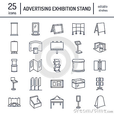 Advertising exhibition banner stands, display line icons. Brochure holders, pop up boards, bow flag, billboard folding Vector Illustration